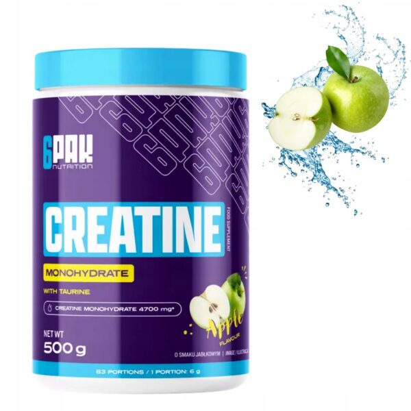 6PAK CREATINE MONOHYDRATE 500 g + TAURYNA - SIŁA,MASA,REGENERACJA - JABŁKO