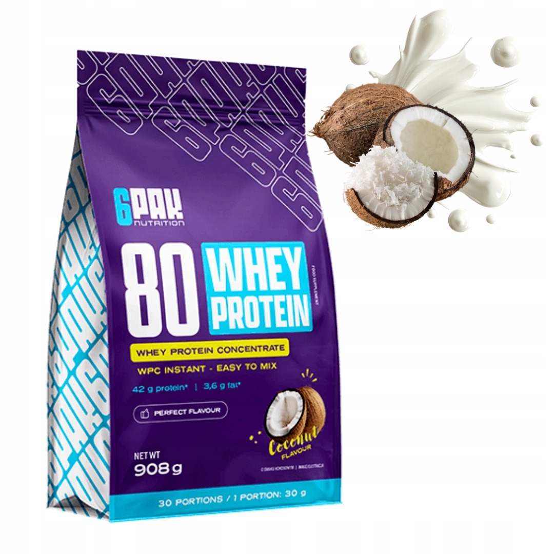 6PAK NUTRITION 80 WHEY PROTEIN 908g BIAŁKO KONCENTRAT WPC - KOKOS