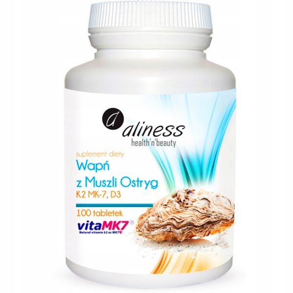 Wapń z muszli ostryg z K2 MK7 i D3 Aliness 100 tabletek